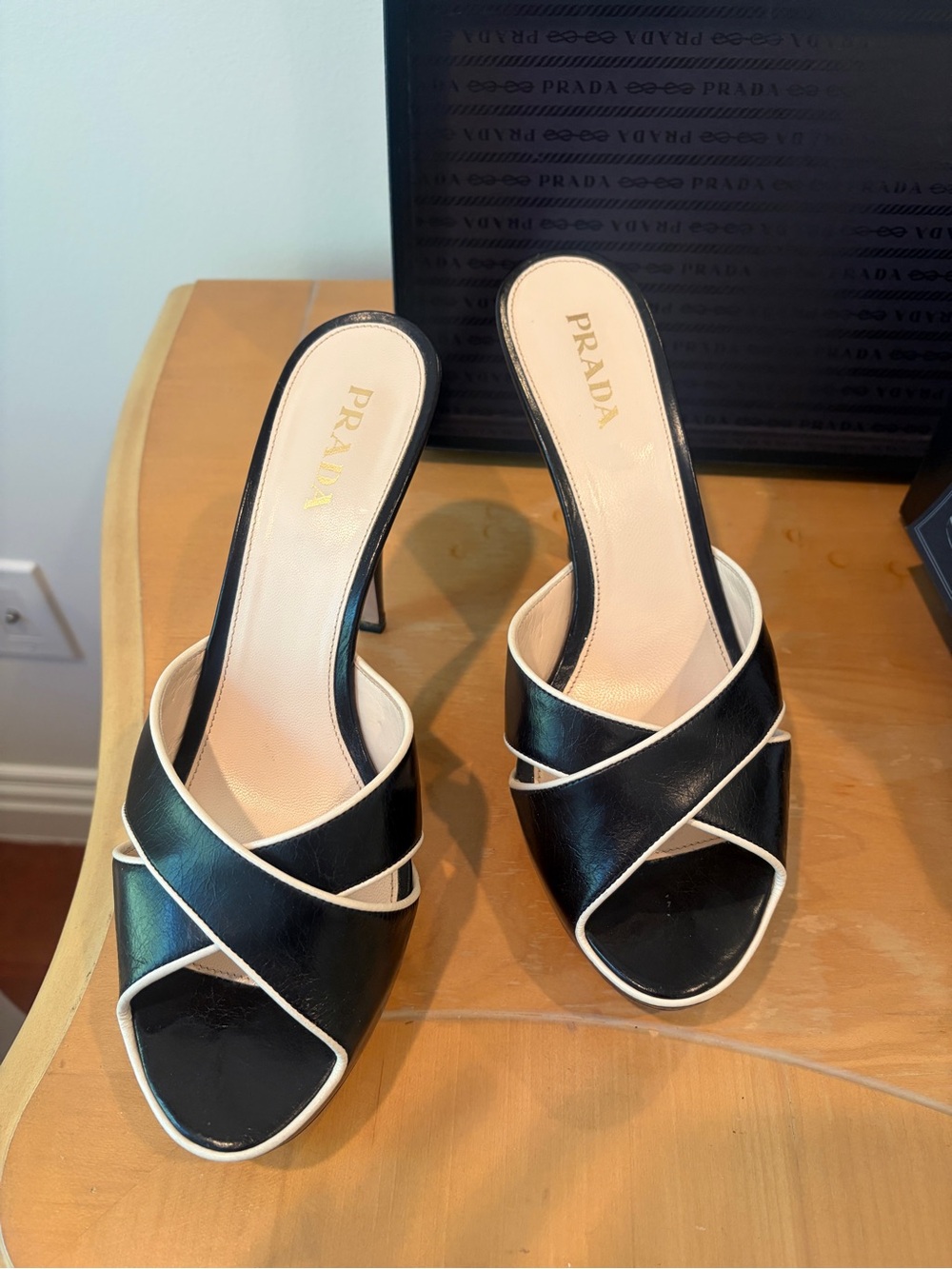 Prada Black Leather Crisscross Slide Sandal Heels